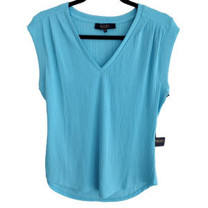 Rachel Roy | Tropical Blue Ribbed V-Neck Stretchy Cap Sleeve Blouse Top